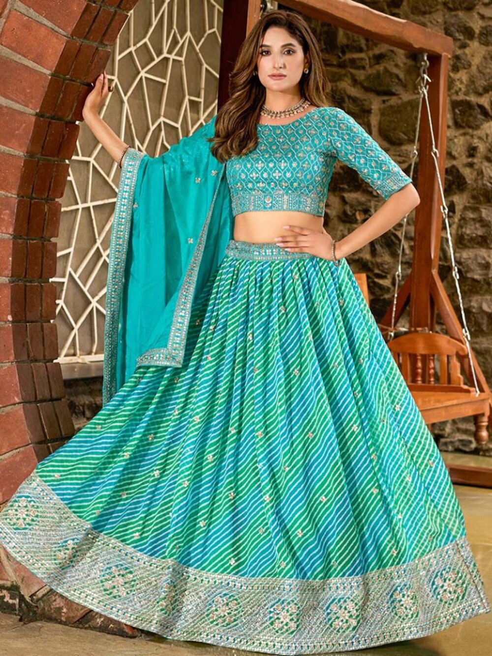 Teal/Green Tabby Silk Embroidered Lehenga